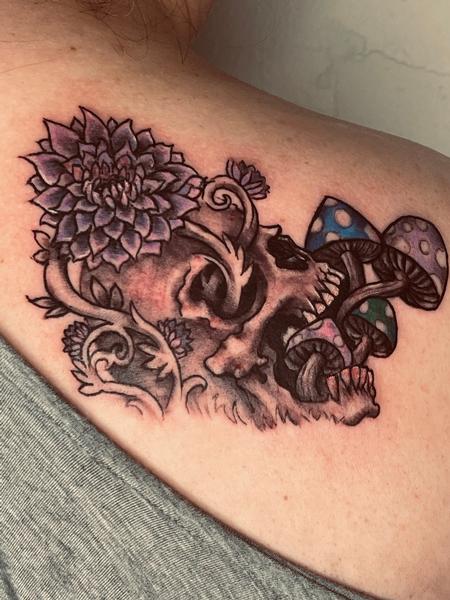 Tattoos - Skull mushrooms and flowers - 145481